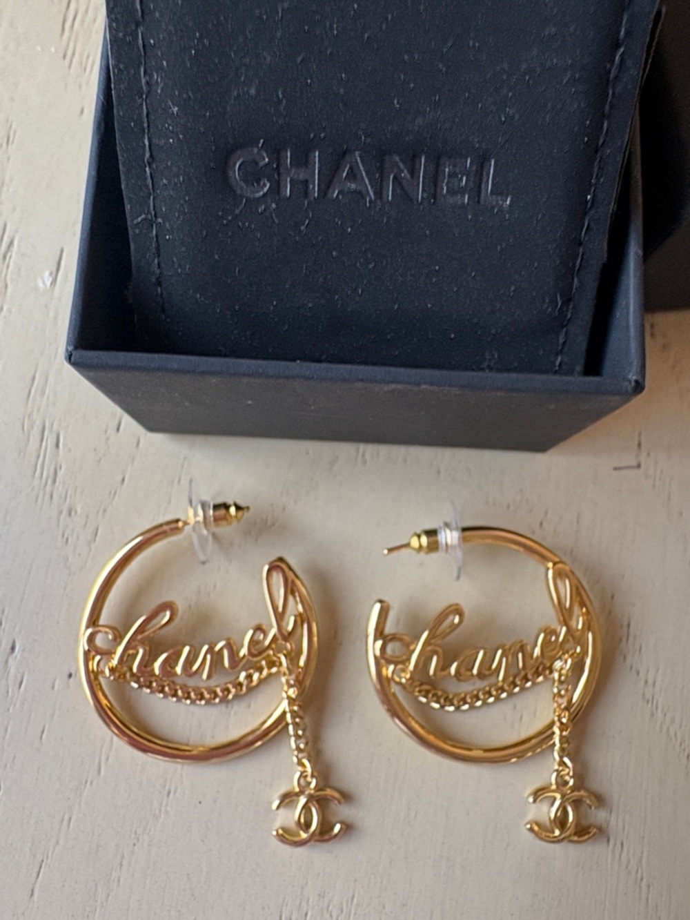 Gold C Script Hoop Earrings with CC Charm